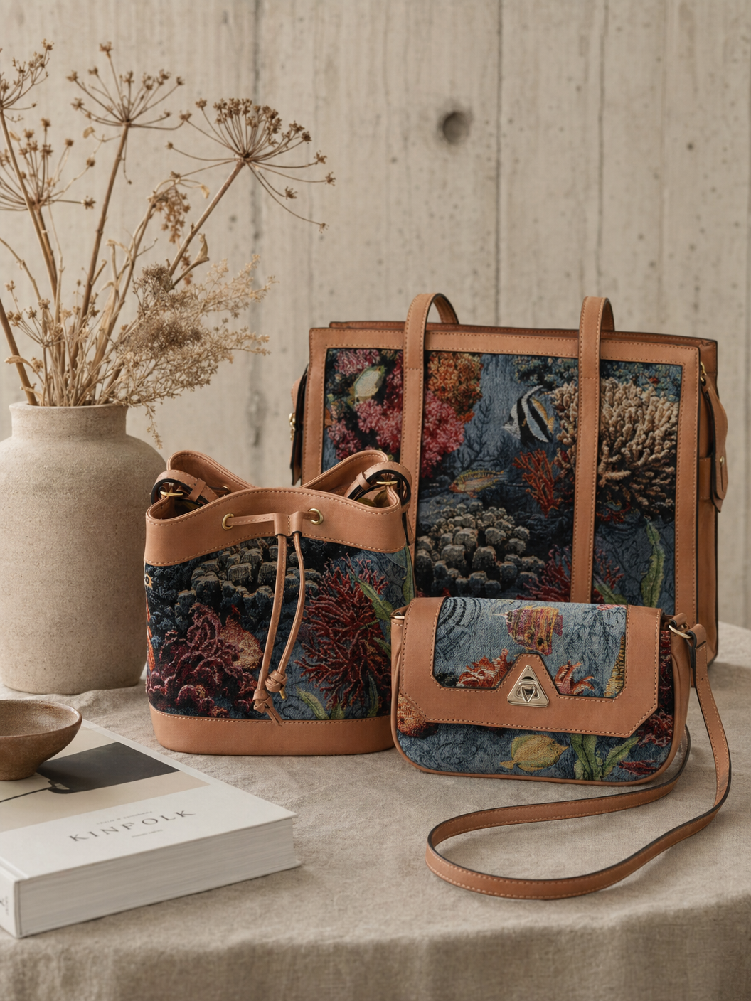 Three-piece tapestry bag set tote, bucket bag, and crossbody