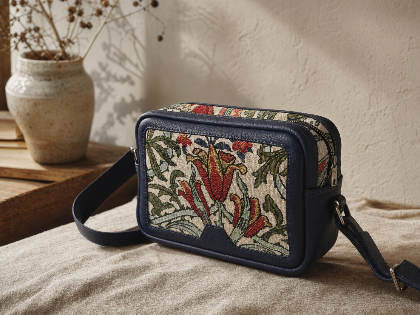 Floral tapestry camera crossbody bag with navy leather trim