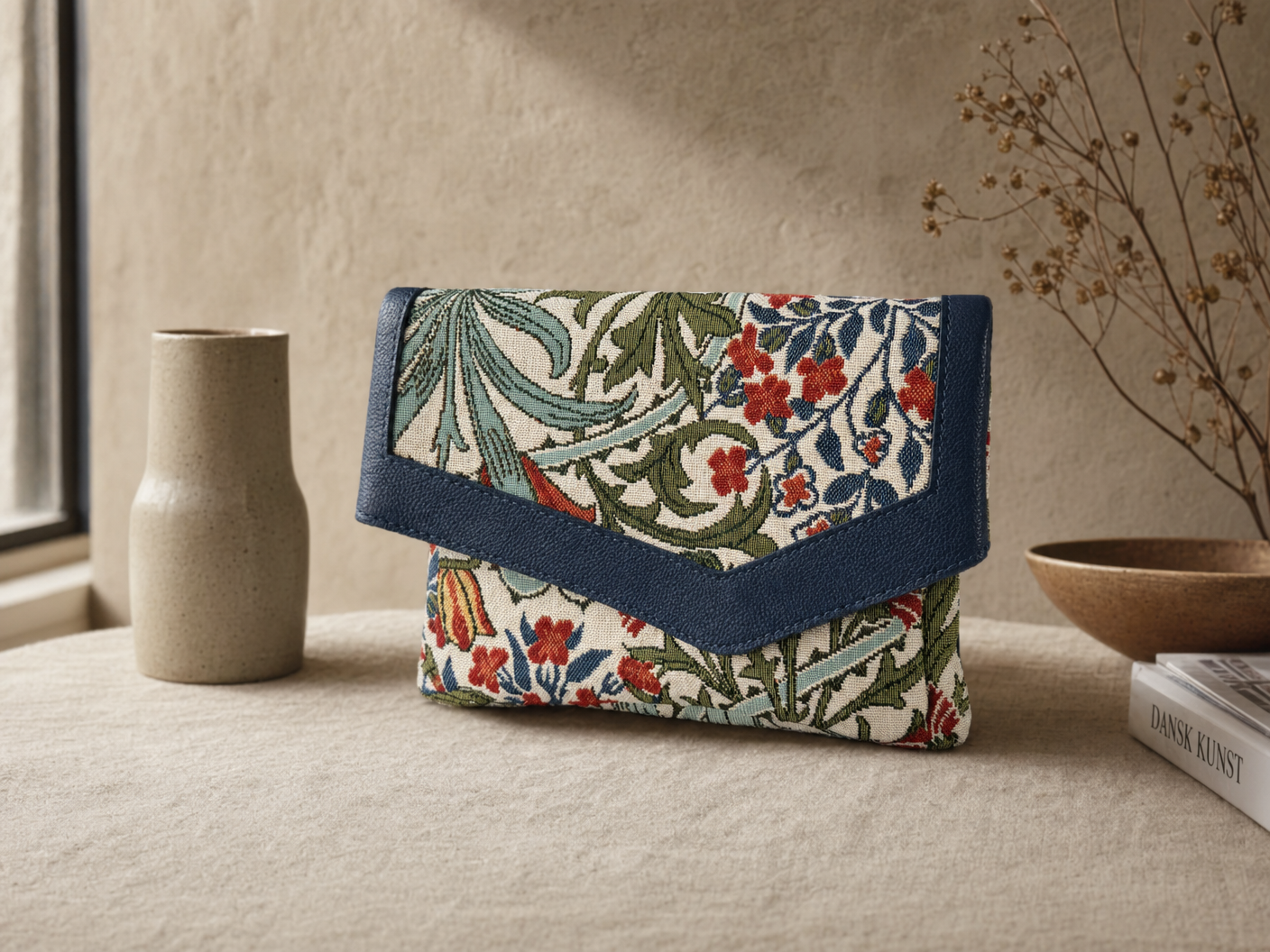 Floral tapestry envelope clutch with navy leather trim