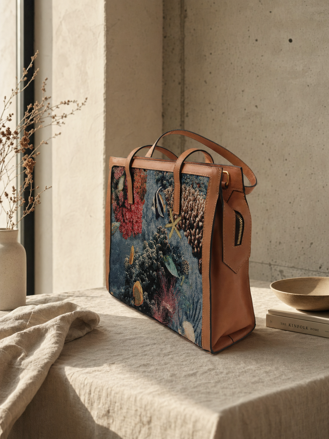 Structured tapestry tote with tan leather trim by Ingrid Chikazaza Chitekwe